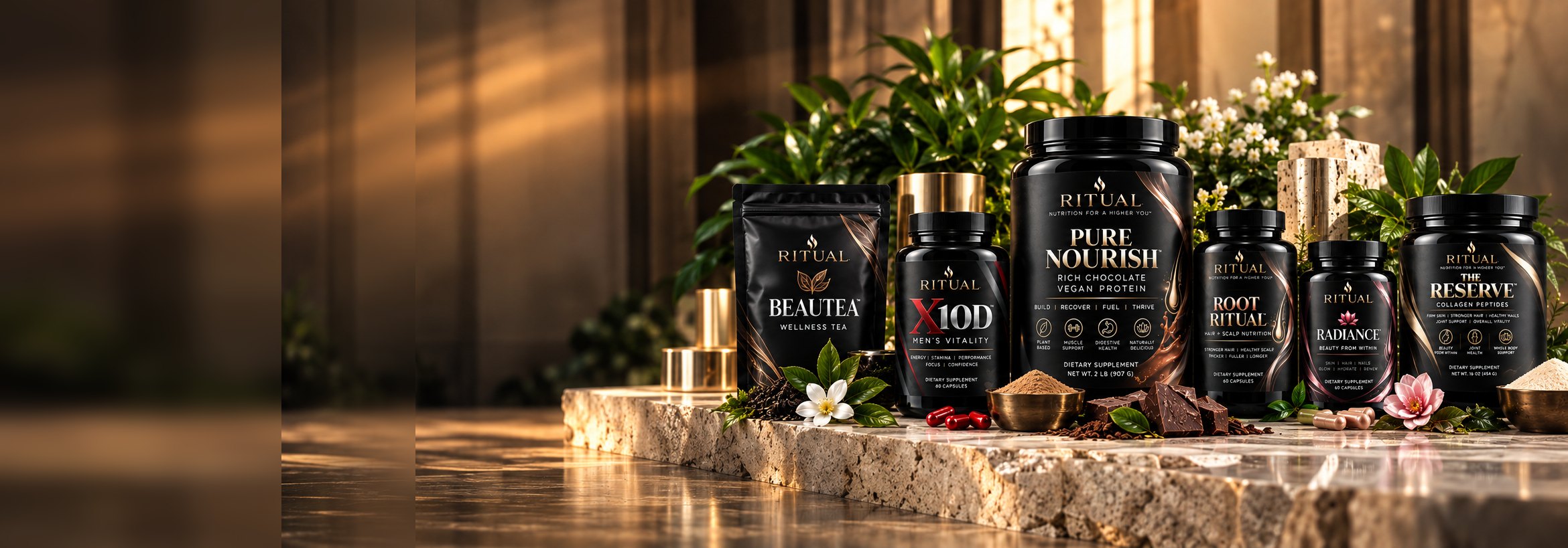 The RITUAL collection arranged on a stone ledge